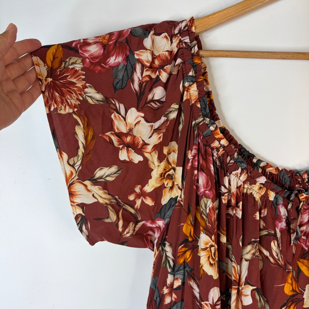 Torrid Maxi Dress Women 4 Burgundy Floral Boho Off Shoulder Ruffle Pocket - Picture 10 of 12